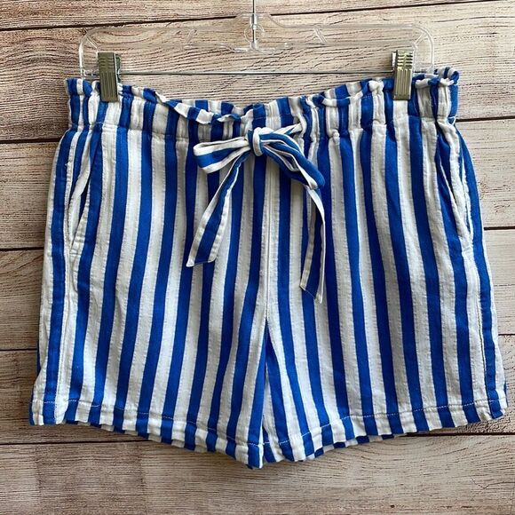 J CREW LINEN BLEND PAPERBAG WAIST SHORTS IN BLUE AND‎ WHITE STRIPES - Picture 2 of 5